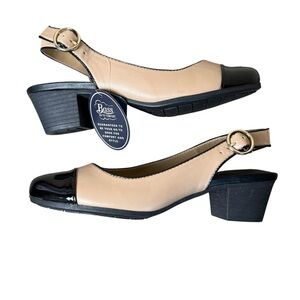 Bass Go-To-Comfort Womens Black & Tan Patent Leather Toe Sling Back Dress Shoes